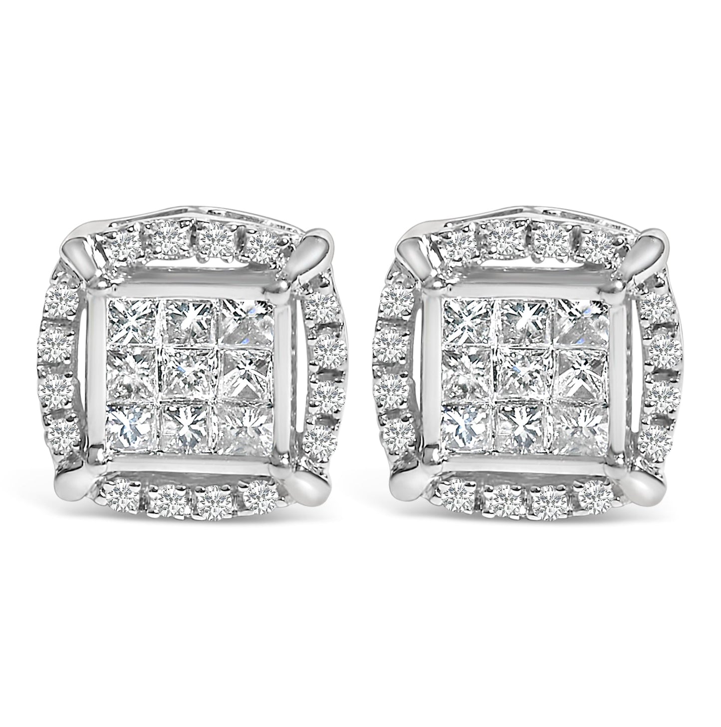 Sterling Silver Princess Cut Diamond Halo Stud Earrings