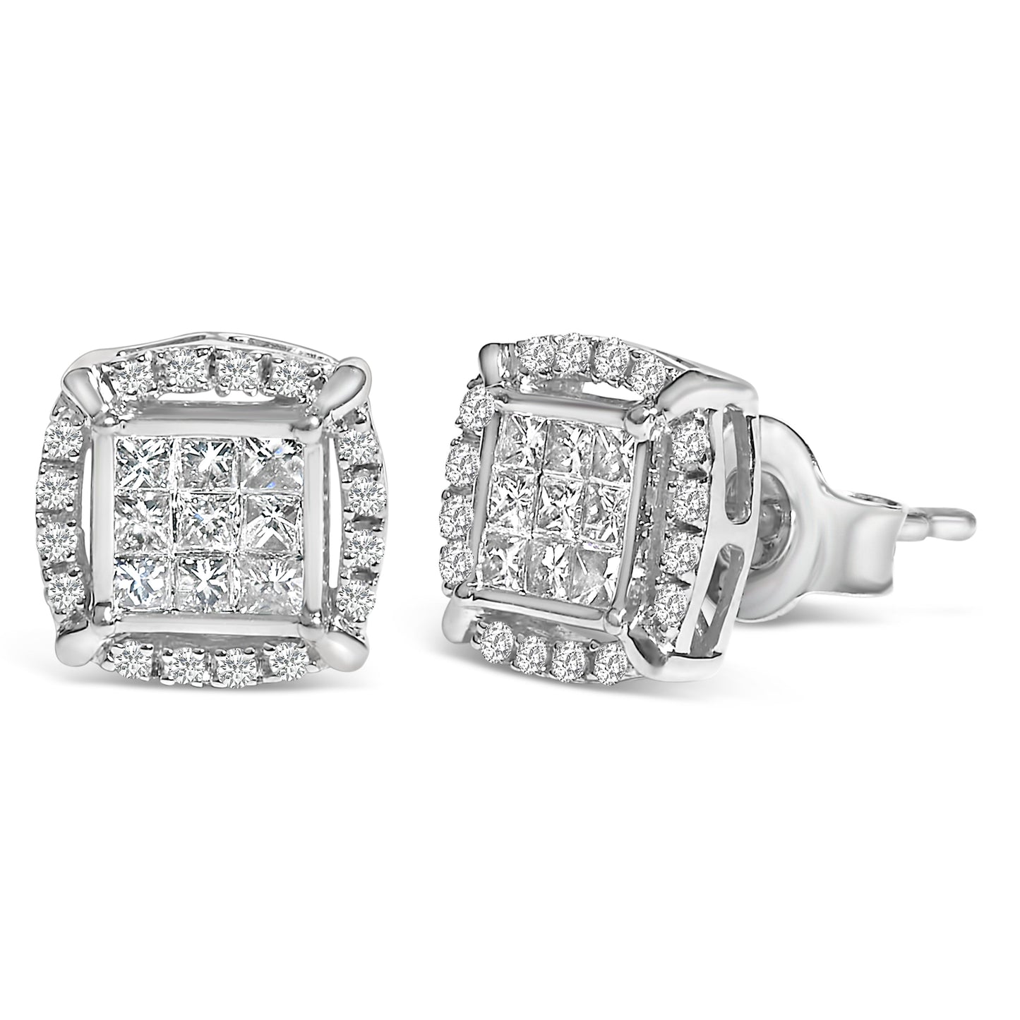 Sterling Silver Princess Cut Diamond Halo Stud Earrings