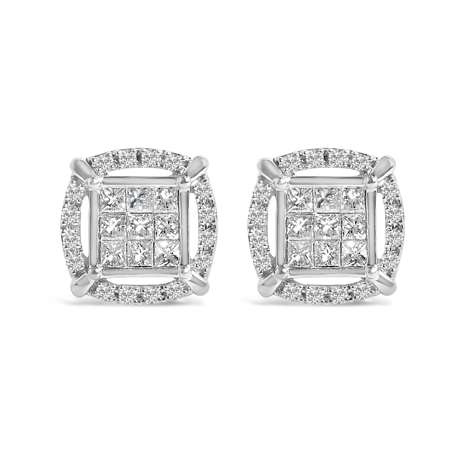 Boucles d'oreilles en argent sterling avec diamants taille princesse et halo