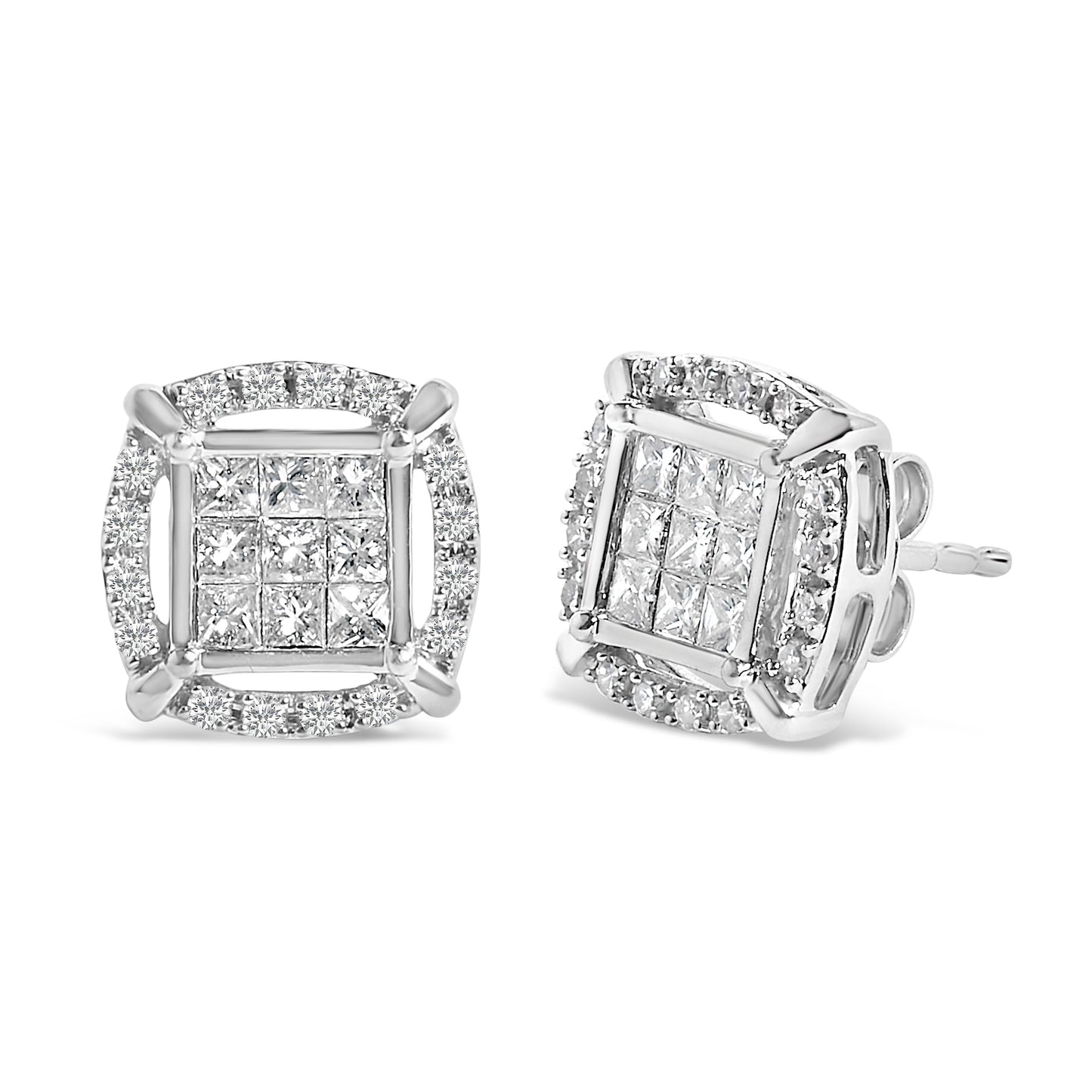 Boucles d'oreilles en argent sterling avec diamants taille princesse et halo