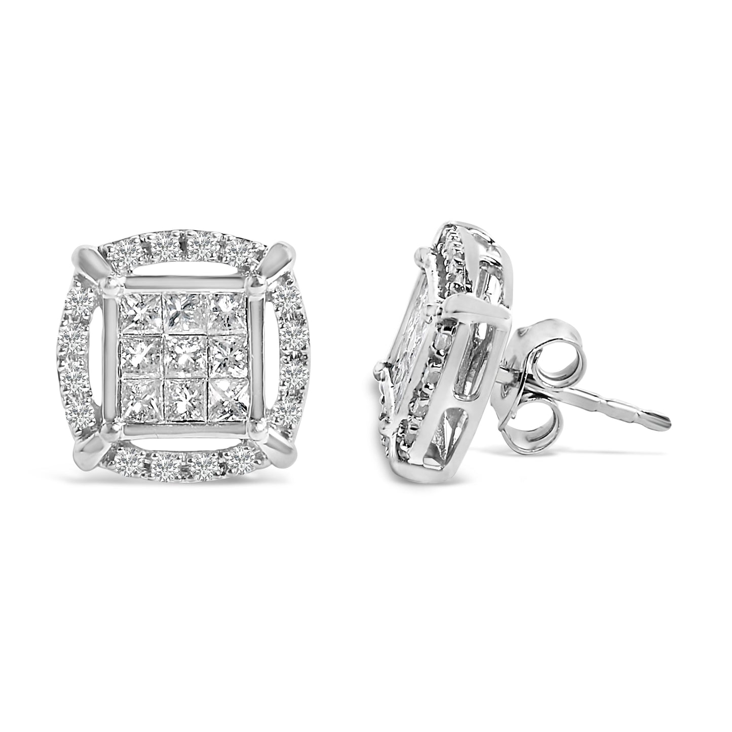 Boucles d'oreilles en argent sterling avec diamants taille princesse et halo