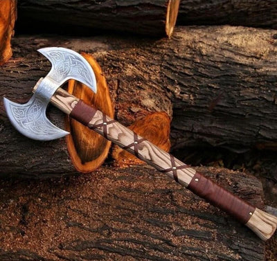 Artisan Crafted Battle Axe: Engraved Dual D2 Steel Blades with Ash Wood Handle and Leather Sheath - Korvel