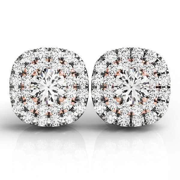 Pendientes de Diamante Halo de Oro Blanco y Rosa de 14k