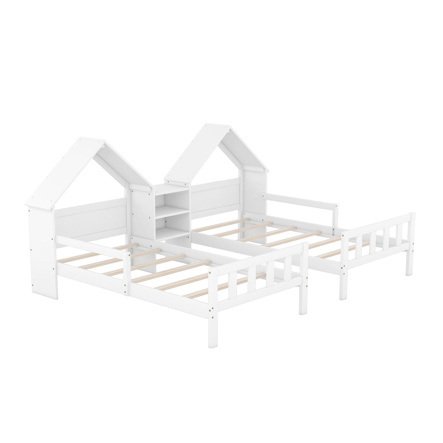 Double Twin Size Platform Bed with House Headboard and Nightstand, White