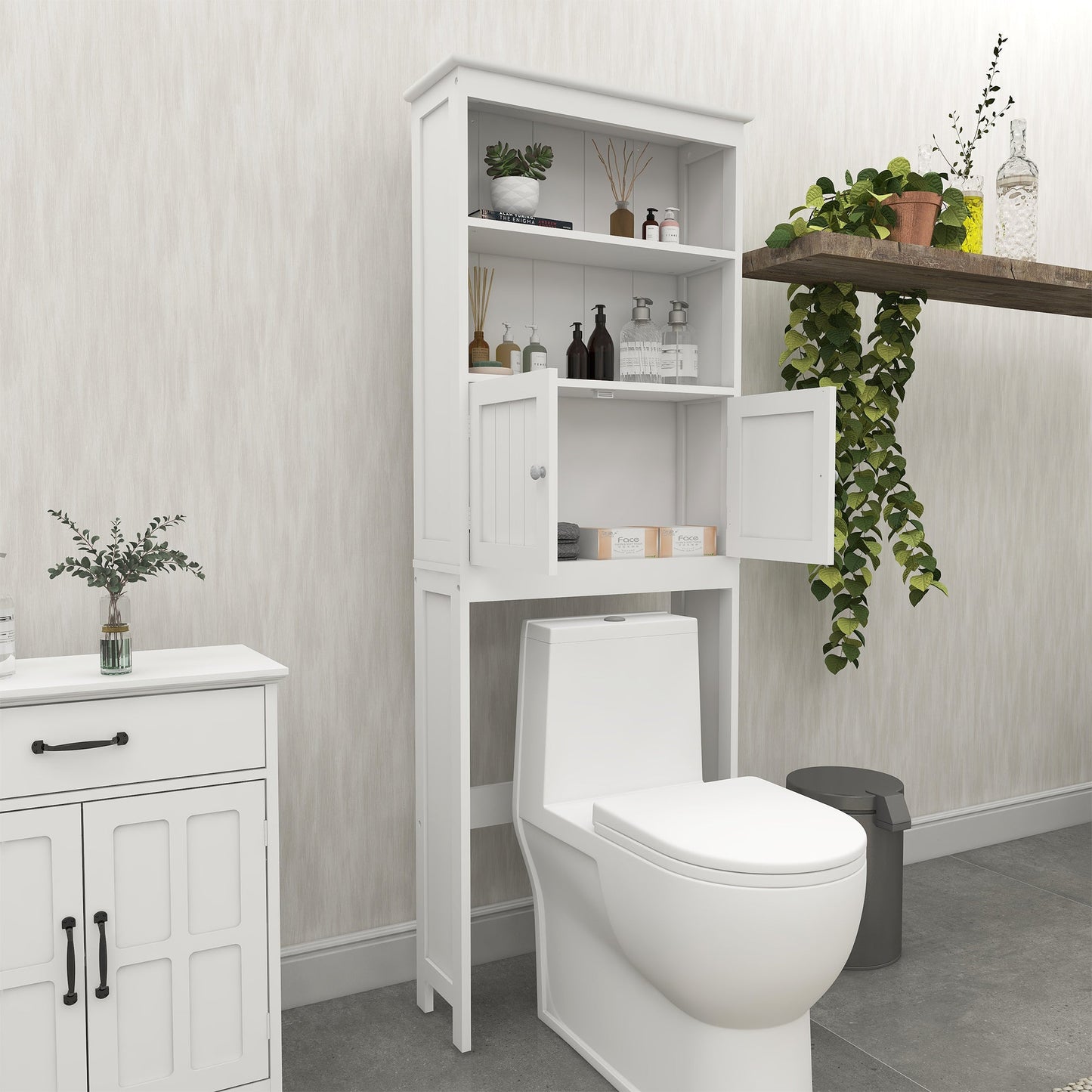 Over The Toilet Rack 2 -Tier Toilet Bathroom Spacesaver Storage Shelf with 2 Doors Wood Storage Organizer Cabinet - Korvel