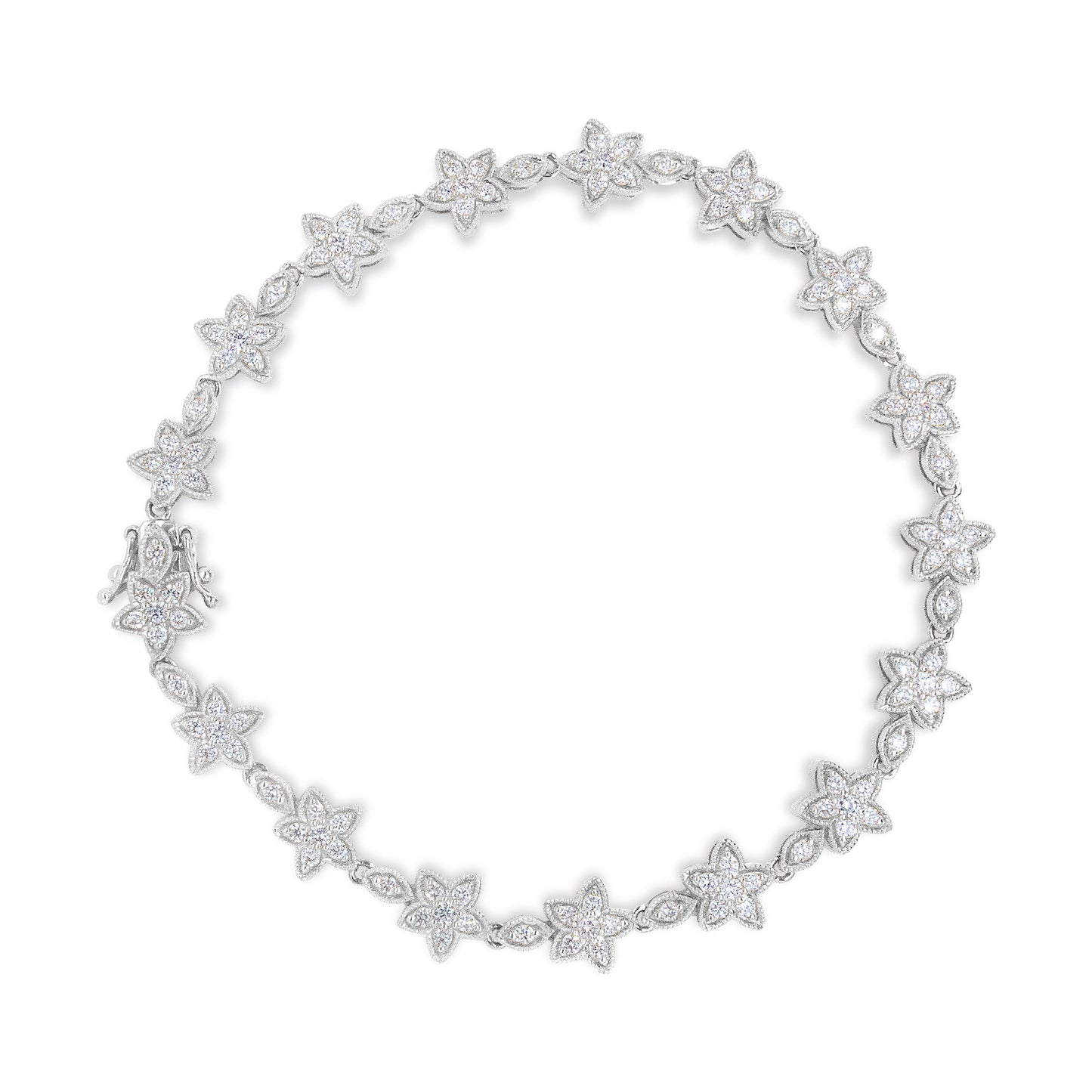14K White Gold Diamond Flower Blossom Link Bracelet - Size 7"