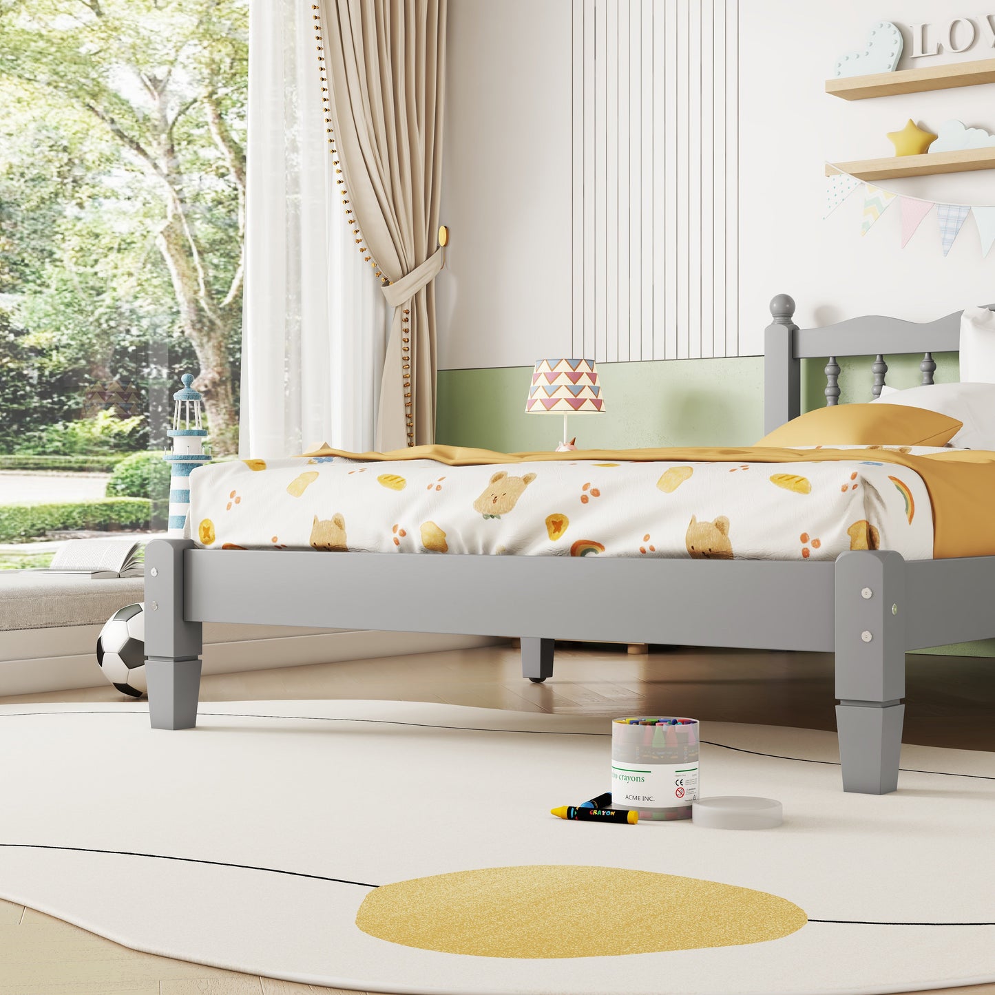 Twin Bed with Column-Decoration Headboard, with Bed Slats,Grey - Korvel