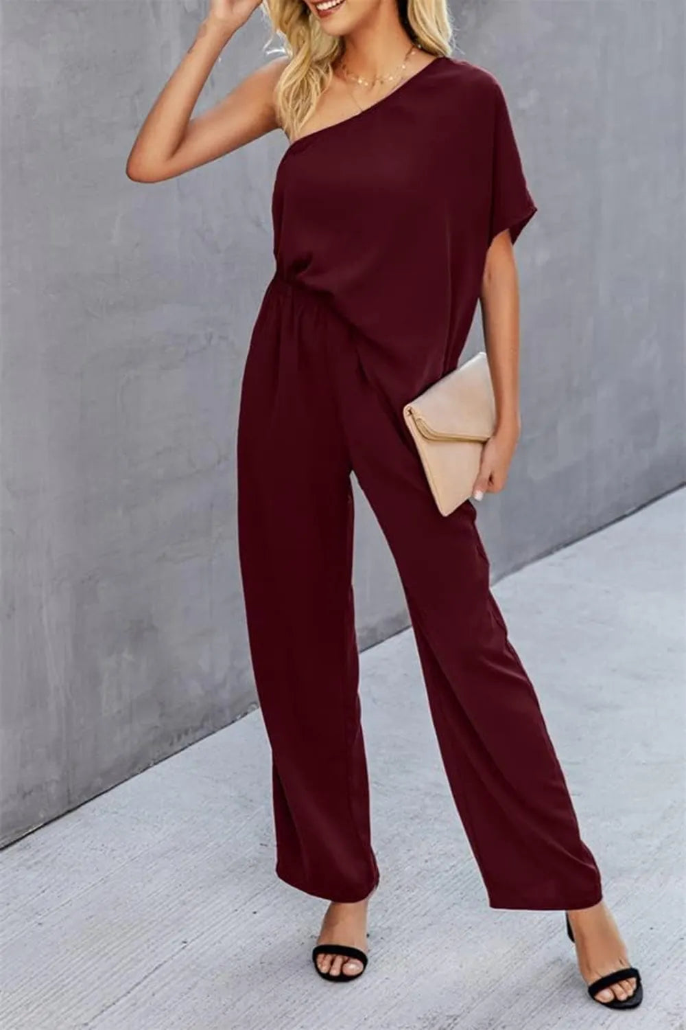 Single Shoulder Short Sleeve Jumpsuit - Korvel