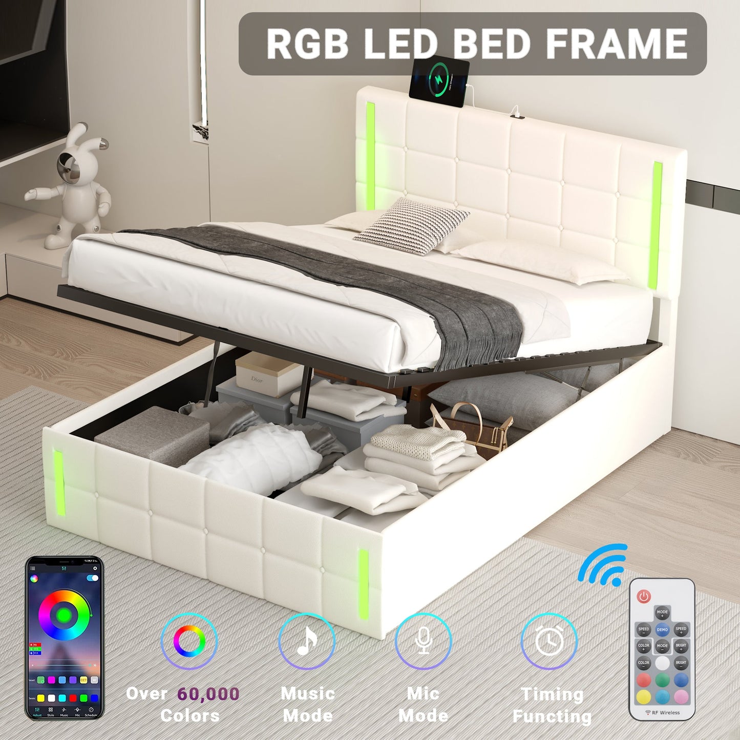 Full Size Upholstered Bed with LED Lights,Hydraulic Storage System and USB Charging Station,White - Korvel