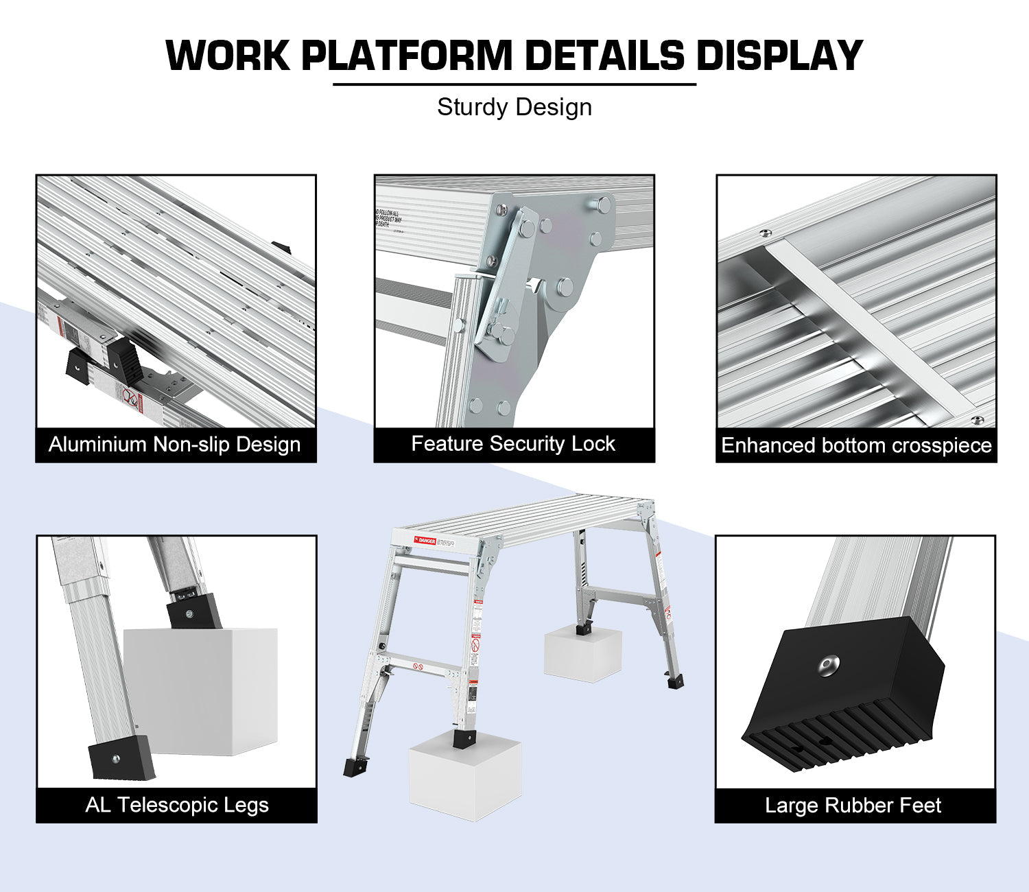 Aluminum Work Platform Large Size Step Stool Folding Portable Work Bench 40" Width Telescopic Feet 22" -27.5" Height Adjustable - Korvel