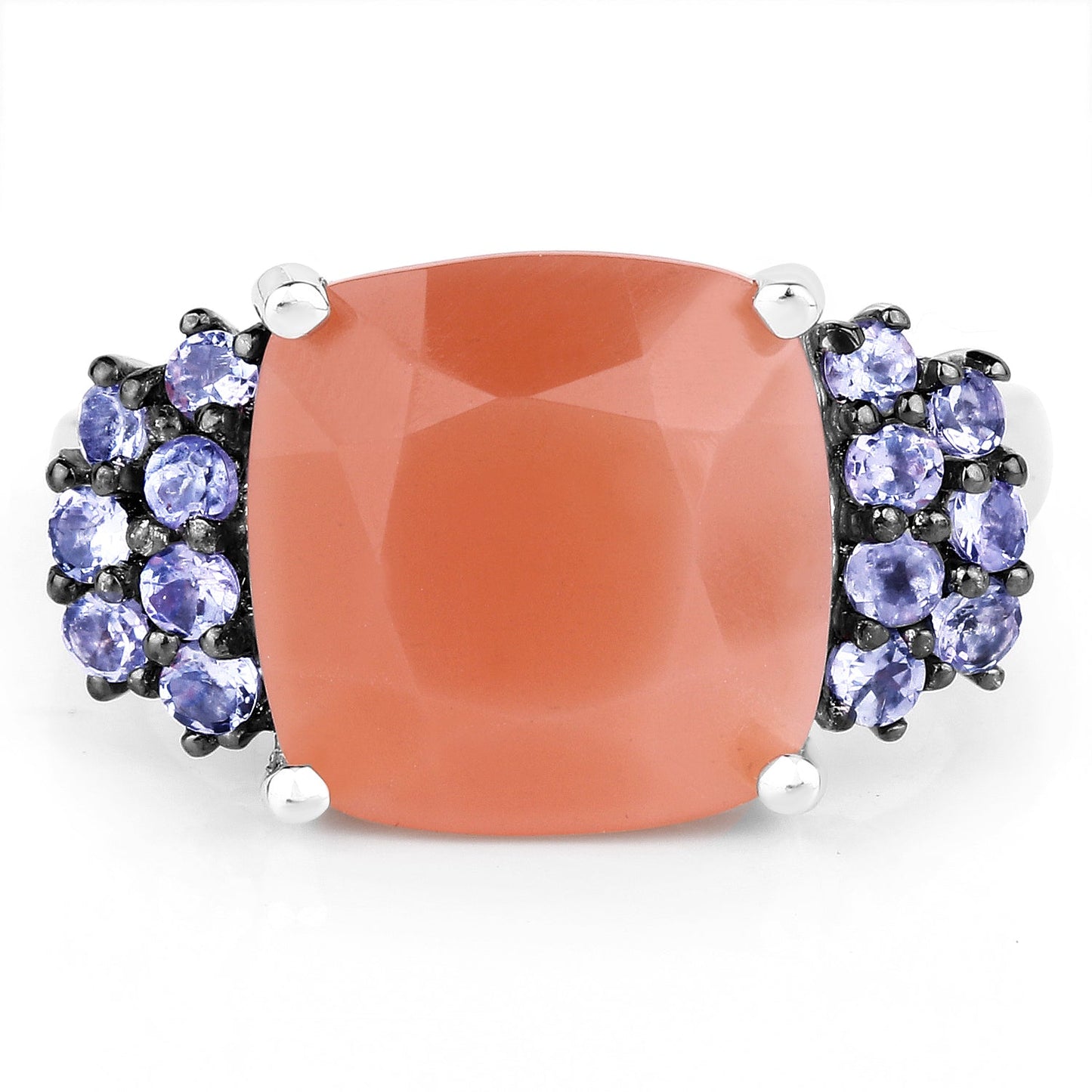 Anillo de Plata Esterlina con Piedra de Luna Durazno y Tanzanita de 6.18 Quilates