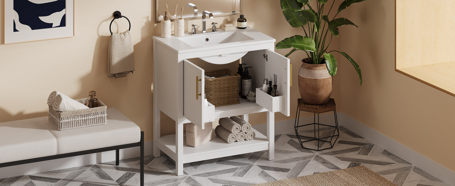 30-Inch White Bathroom Vanity with Ceramic Sink and Versatile Storage - Ideal for Small Bathrooms - Korvel