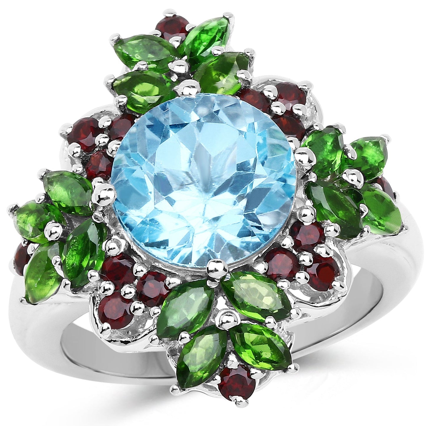 Bague de fiançailles en argent sterling .925 avec topaze bleue de 5,76 carats et grenat