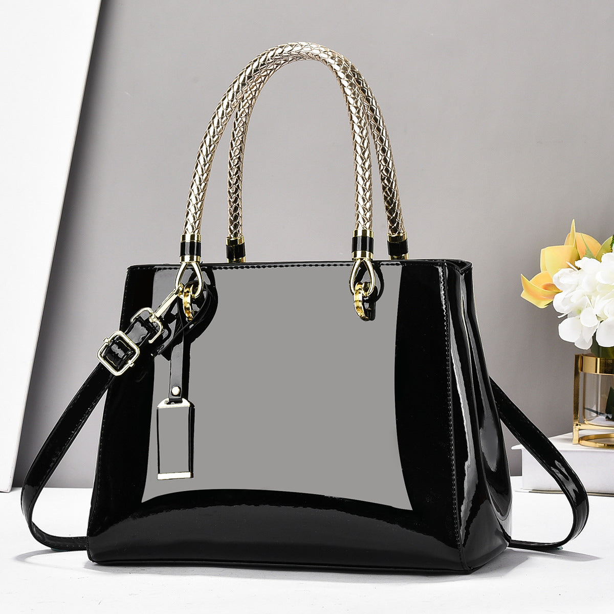 Fashionable Patent Leather Large-Capacity Handbag
