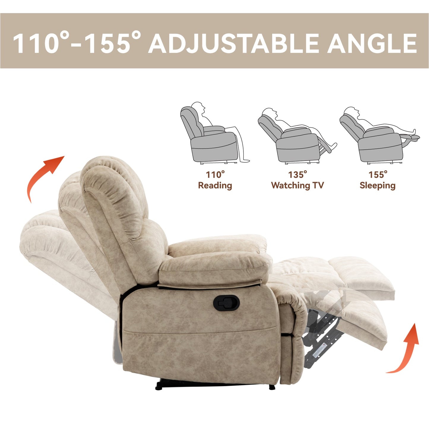 Large Manual Recliner Chair in Beige Fabric