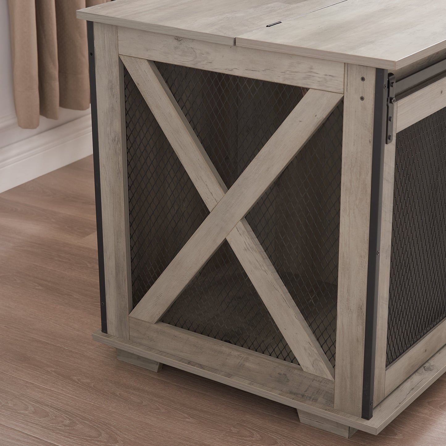 Farmhouse Dog Cage Crate Furniture with Sliding Barn Door, Farmhouse Wooden Dog Kennel End Table with Flip-top Plate Dog House - Korvel