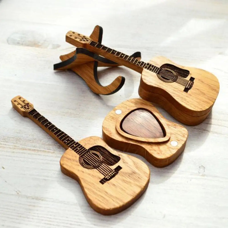 Wooden Acoustic Guitar Pick Box with Stand Smooth Edge Burr-Free Portable Handcrafted Guitar Picks Storage Container - Korvel