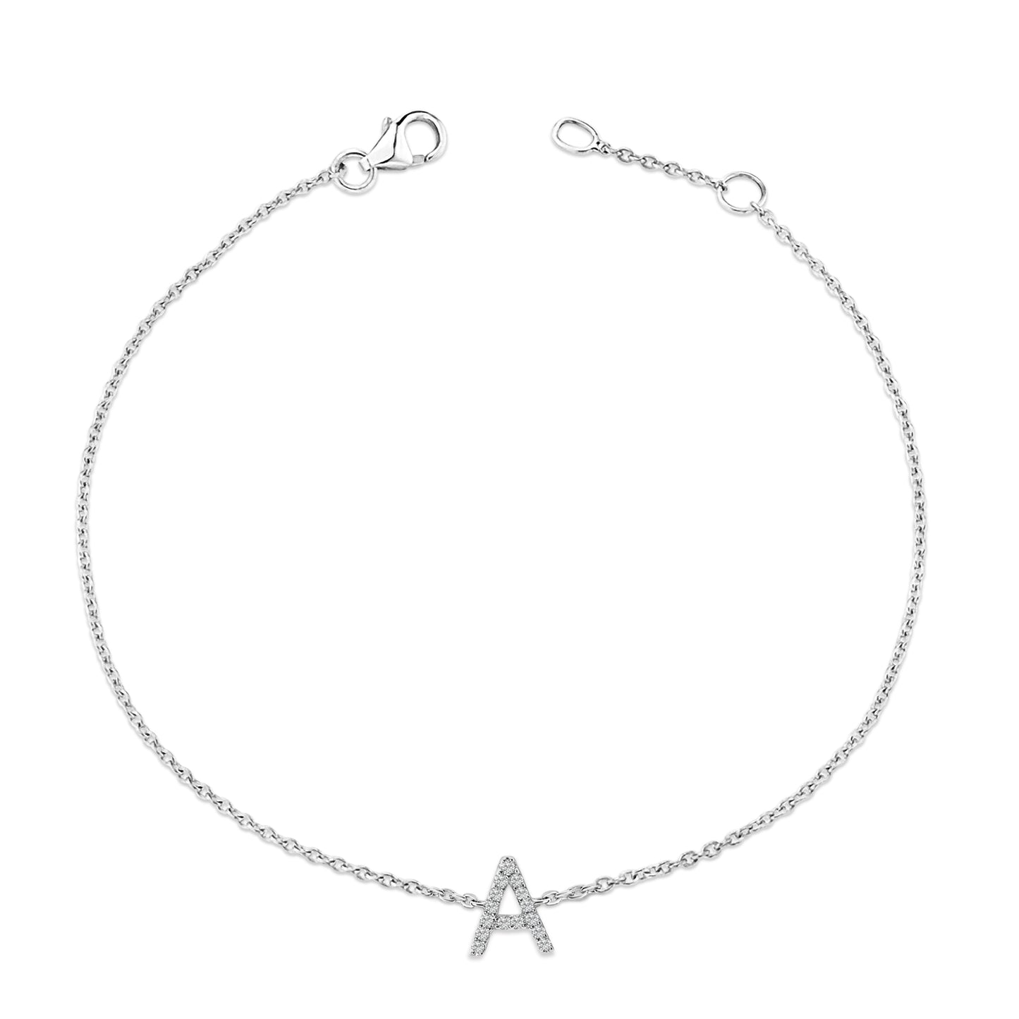 Pulsera con encanto inicial 'A' en oro blanco de 10 quilates con acento de diamante