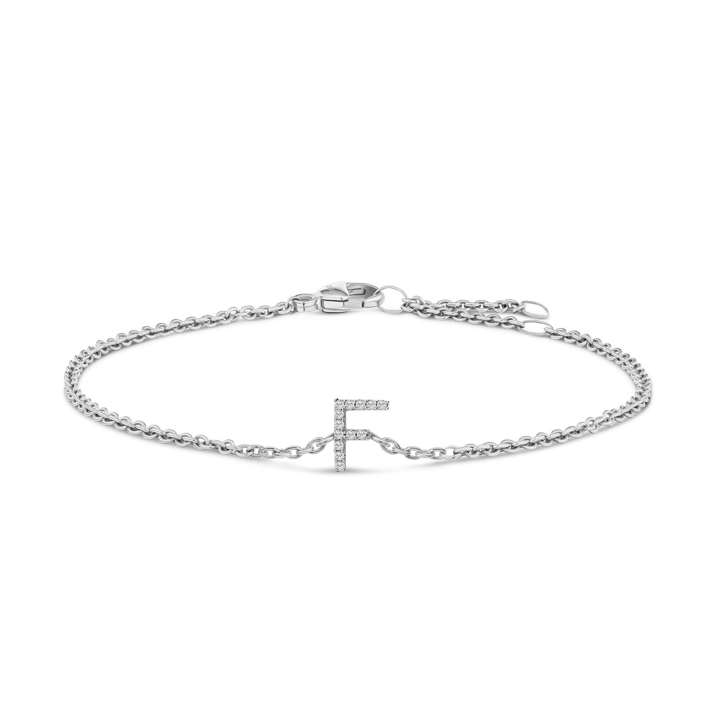 Pulsera con encanto inicial 'A' en oro blanco de 10 quilates con acento de diamante