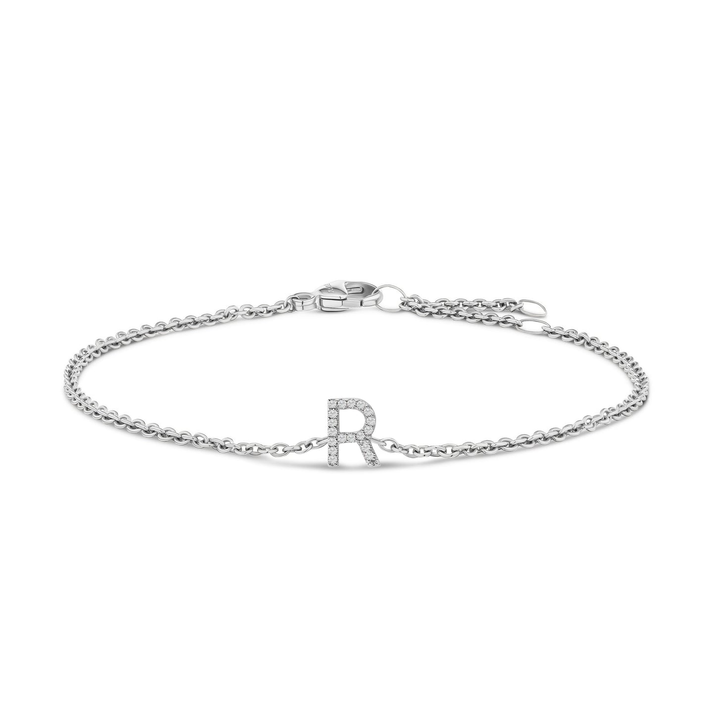 Pulsera con encanto inicial 'A' en oro blanco de 10 quilates con acento de diamante