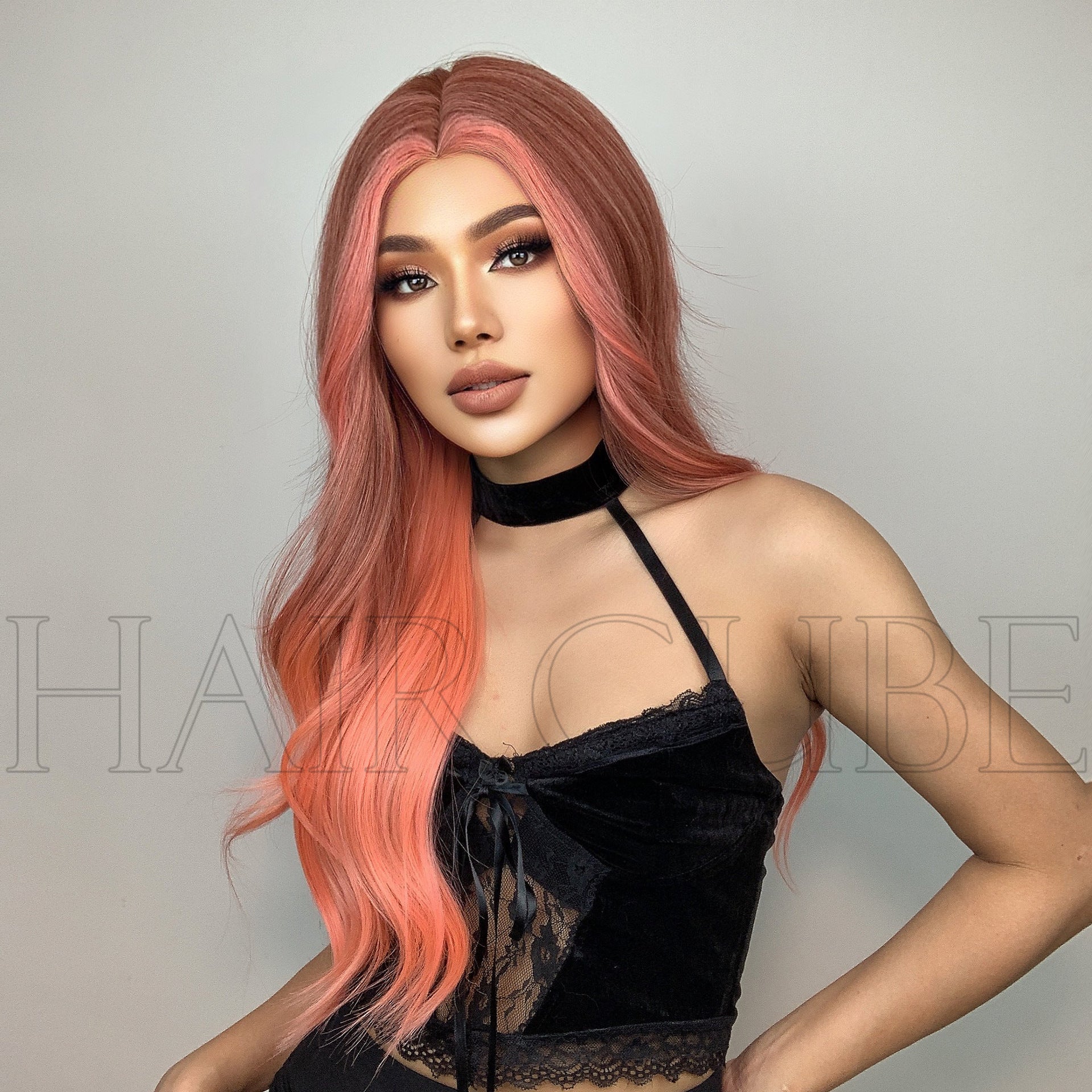 Long Curly Hair 24inch Women's Wig Set In The Middle Part Orange Pink - Korvel