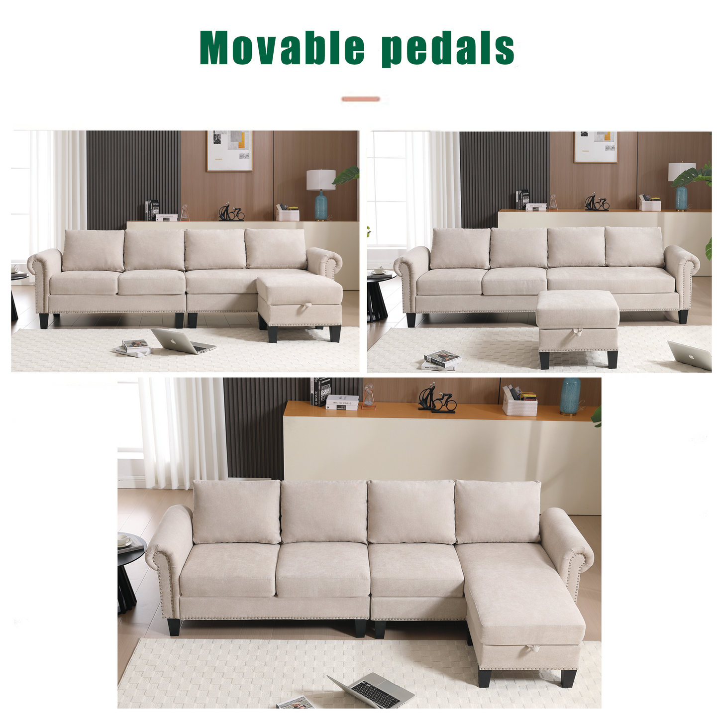 Sofá Seccional Convertible en Forma de L con Almacenamiento - Beige