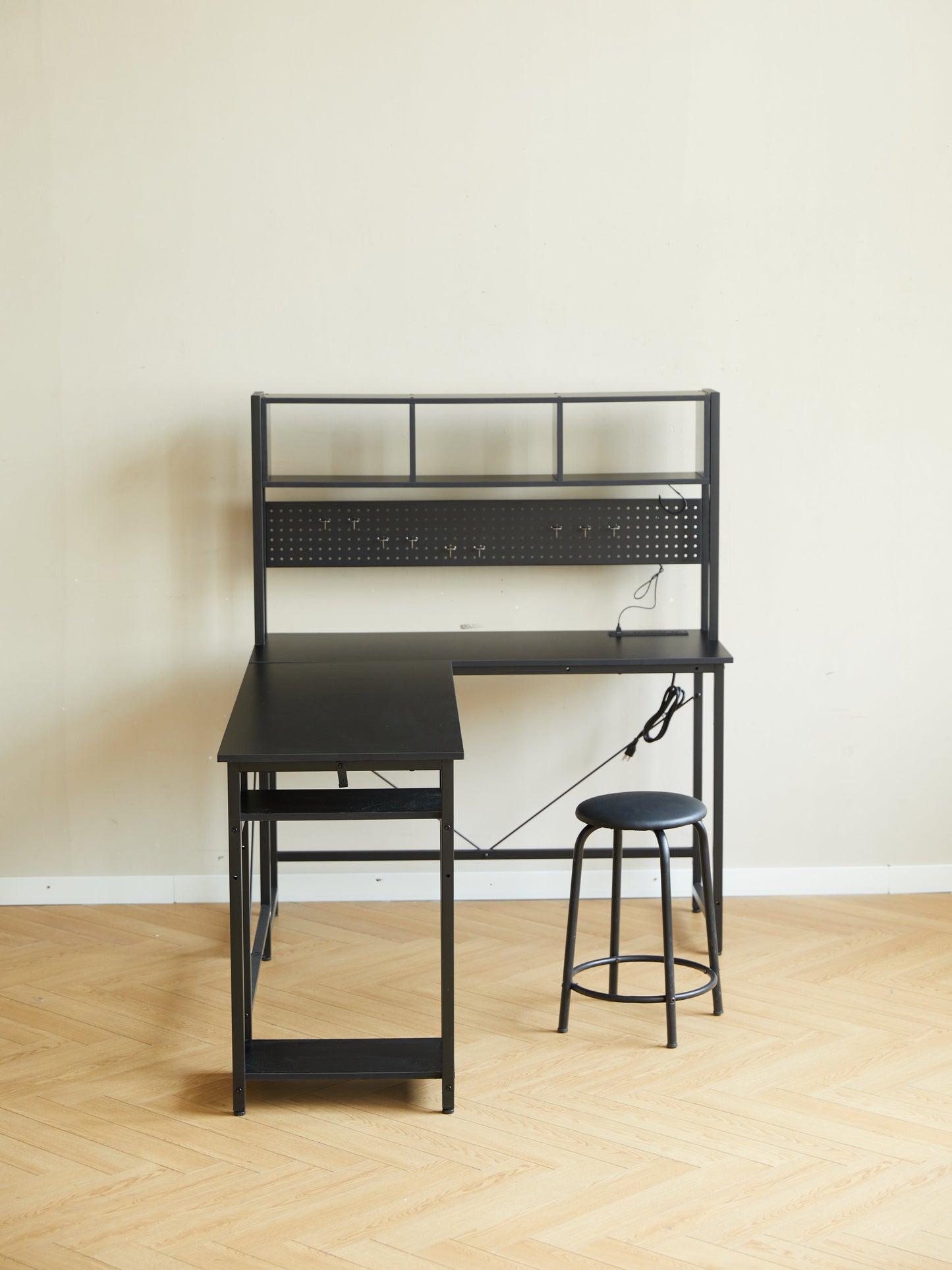 94.5 Inch Home Office Desk L shape gaming desk with LED storage Shelves METAL PANNEL and stool (BLACK) - Korvel
