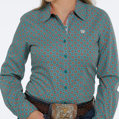 Teal Geo Print Women's Cinch Long Sleeve Shirt - Korvel