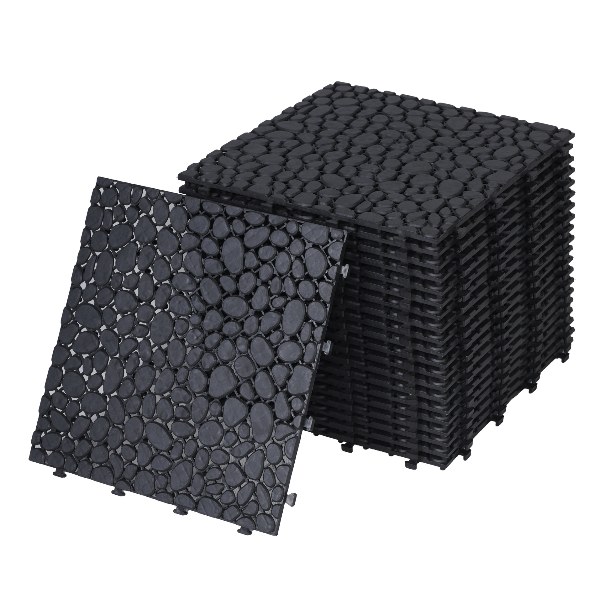 12 x 12 inch black interlocking deck tiles, plastic waterproofing, pebble pattern, pack of 12 - Korvel