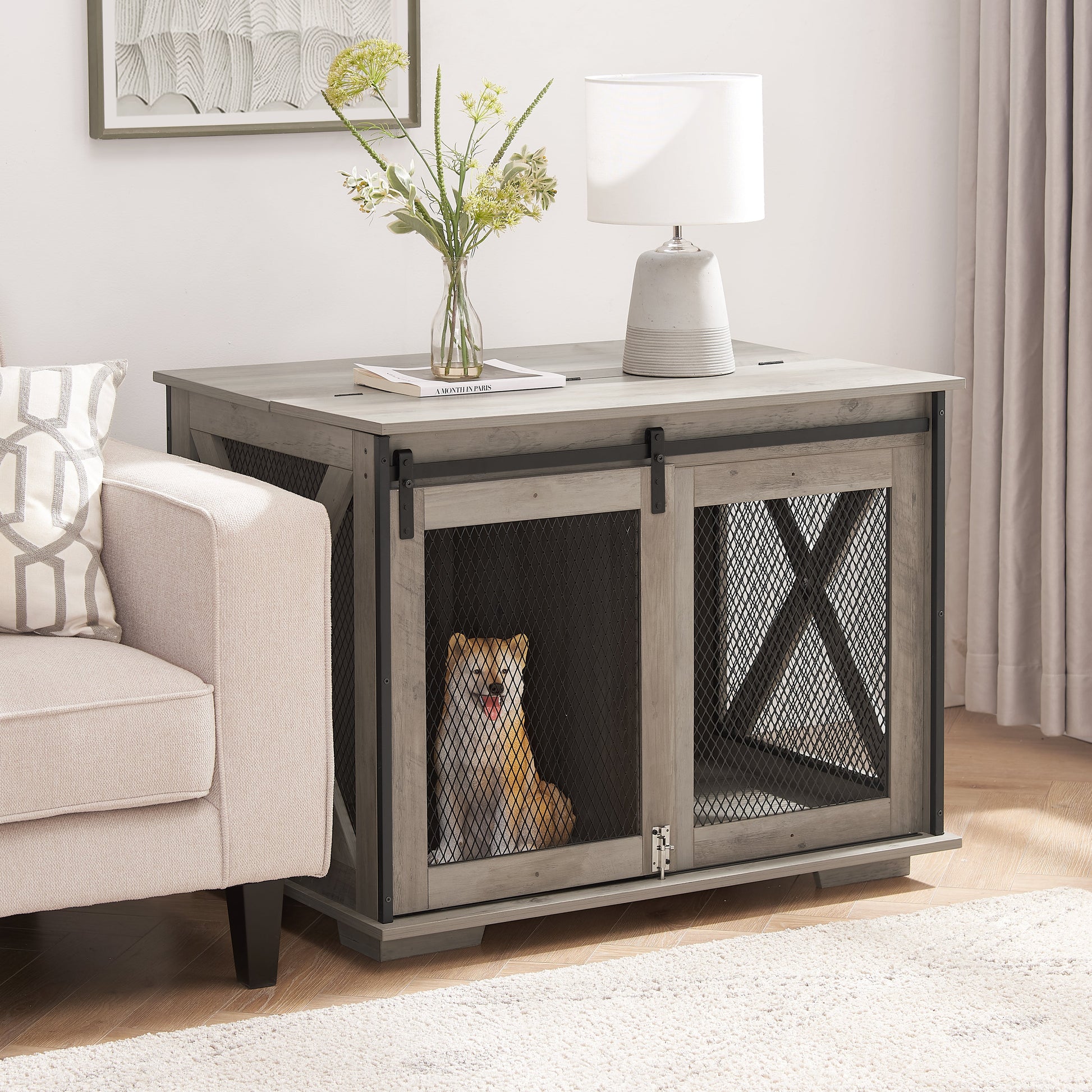 Farmhouse Dog Cage Crate Furniture with Sliding Barn Door, Farmhouse Wooden Dog Kennel End Table with Flip-top Plate Dog House - Korvel