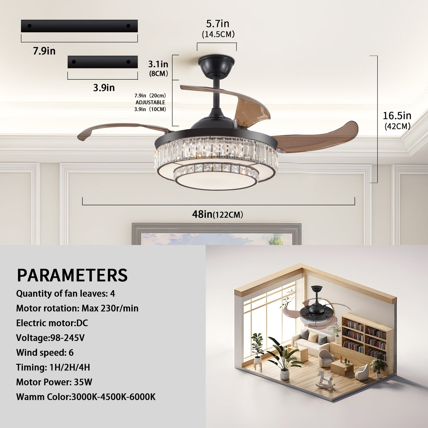 Modern LED retractable ceiling fan with lighting and remote control, silent reversible motor, 4-blade modern ceiling fan - Korvel