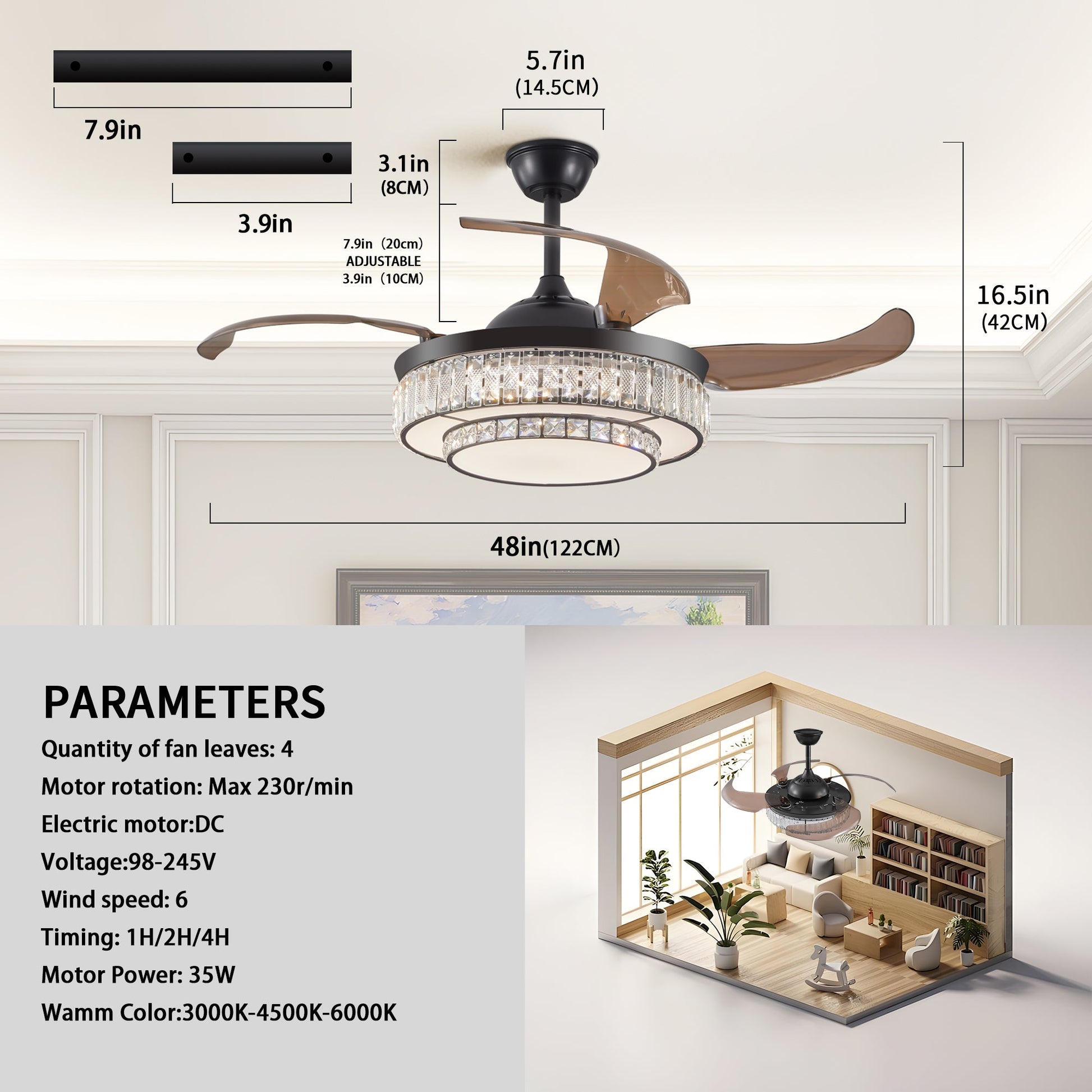 Modern LED retractable ceiling fan with lighting and remote control, silent reversible motor, 4-blade modern ceiling fan - Korvel