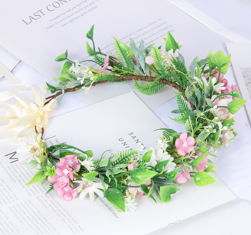 Forest style headwear with super fairy texture, simulated rose headband, flannel, rolled edges, rose green leaf garland - Korvel