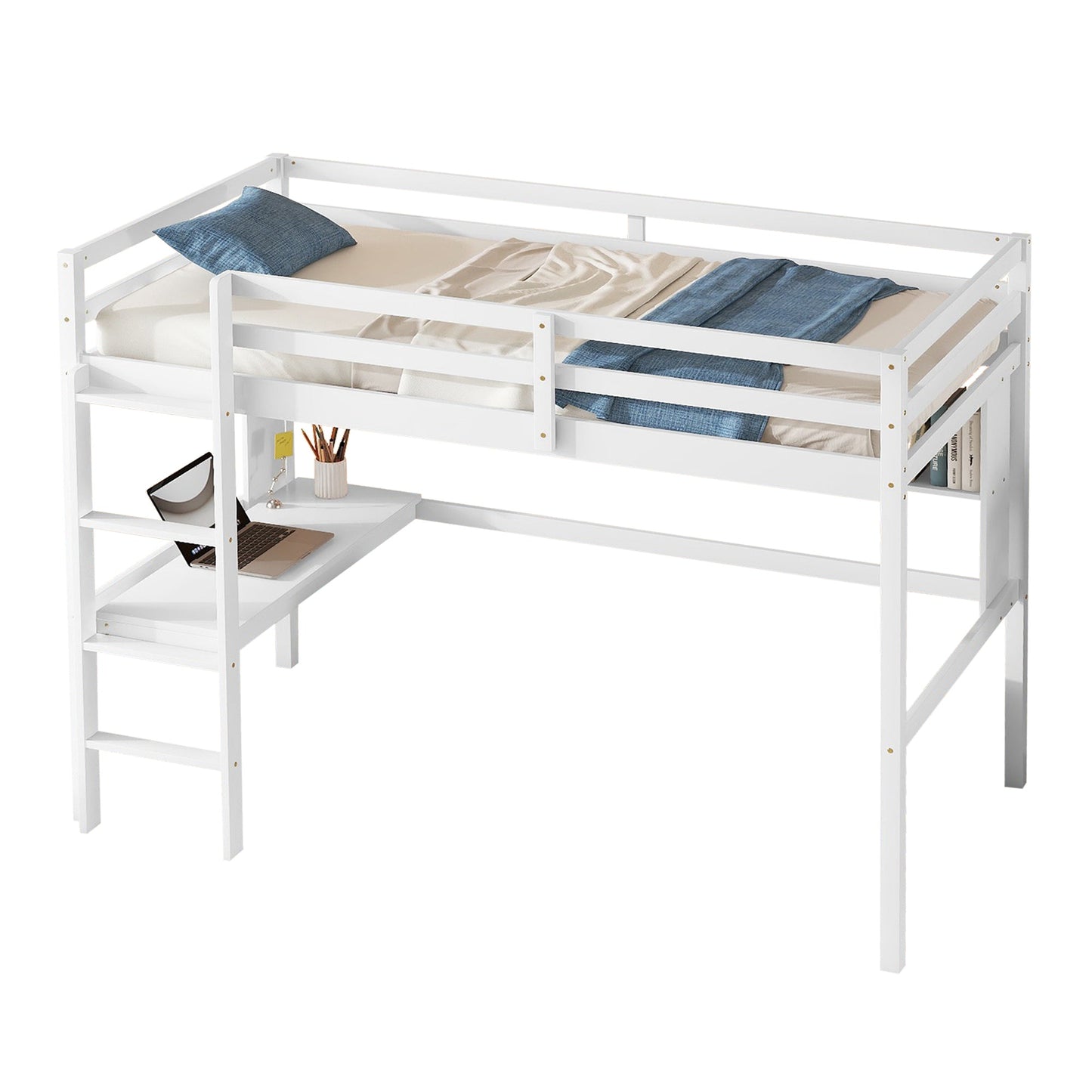 Twin Loft Bed with built-in desk and bookcase of three compartments, Guardrails and Ladder,White - Korvel