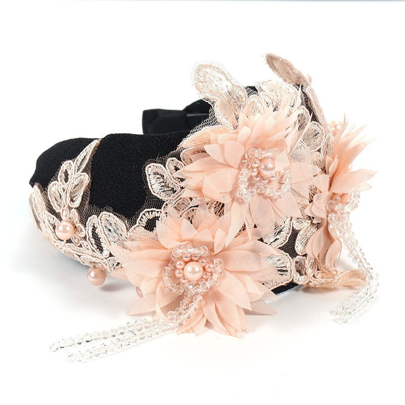 Hand embroidered three-dimensional simulation crystal flower headband pearl headband - Korvel