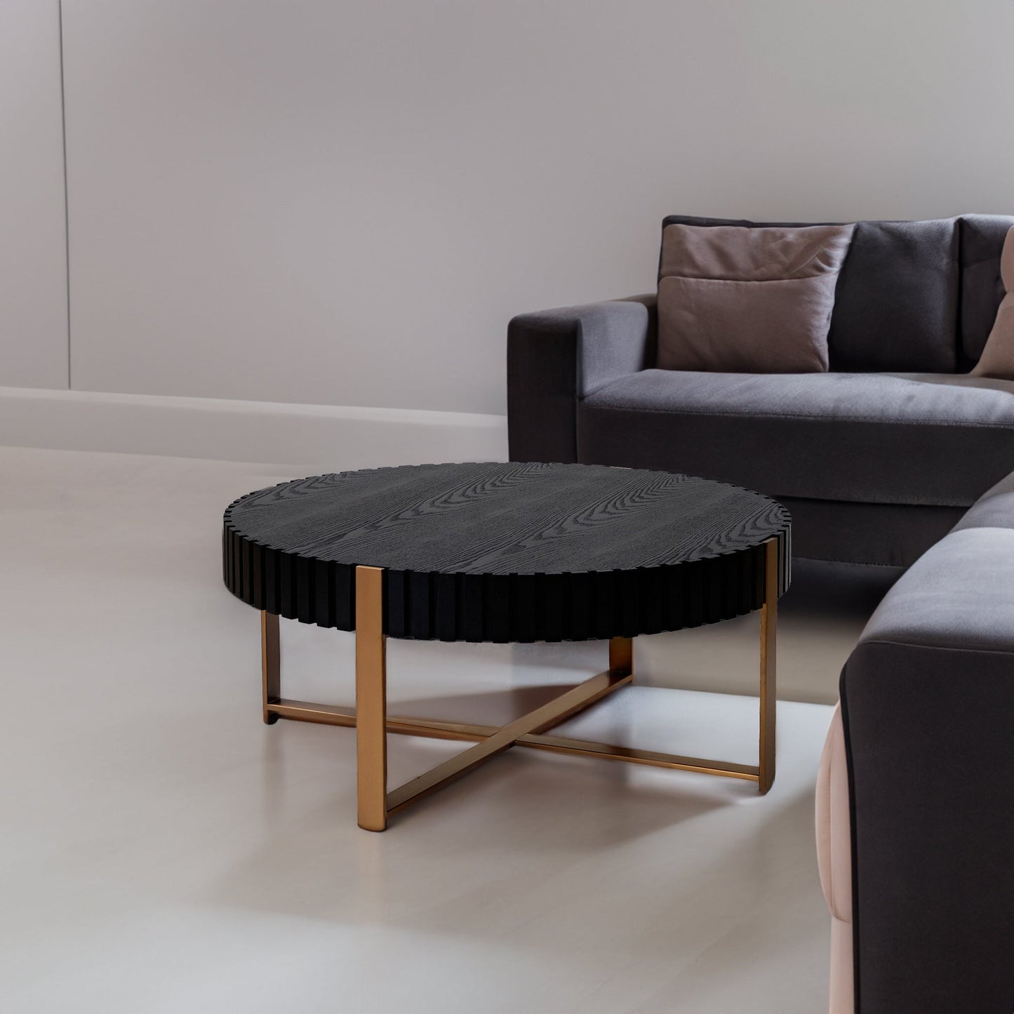Modern Handcraft Drum Coffee Table 31.5 inch Round Coffee Table for Living Room,Small Coffee Table with Sturdy Pedestal,Black - Korvel