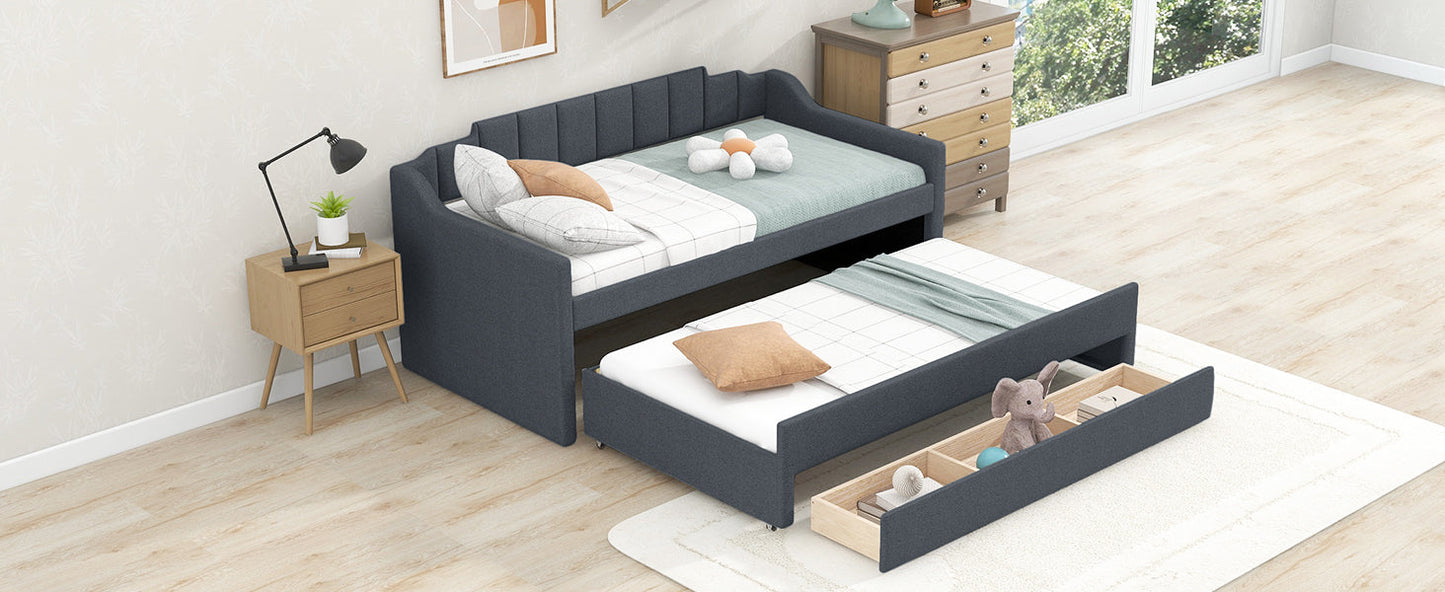 Twin Size Upholstered Daybed with Trundle and Three Drawers Grey - Korvel