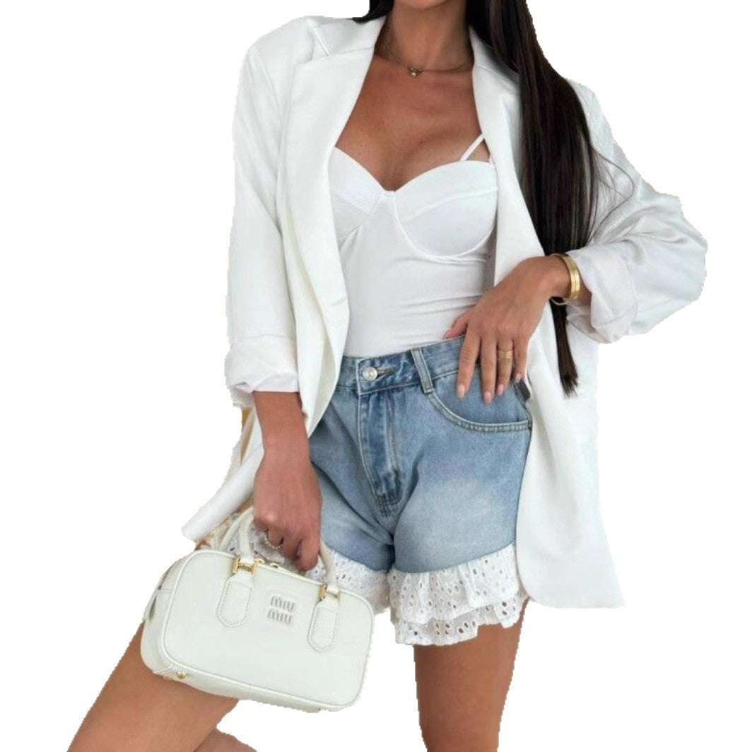 European and American Style Straight Jeans Splicing Lace Women's Shorts Summer Loose Slimming Straight Sexy Women's Shorts - Korvel