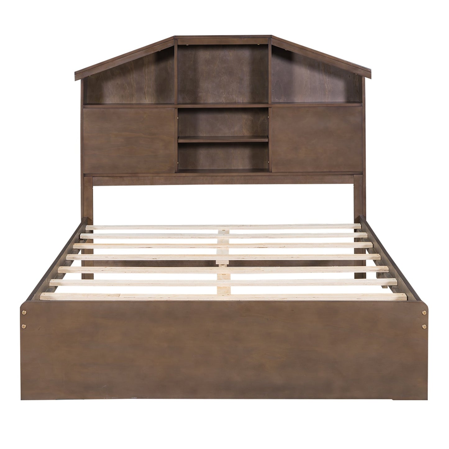 Cama Plataforma de Madera de Nogal de Tamaño Completo con Cabecera de Almacenamiento