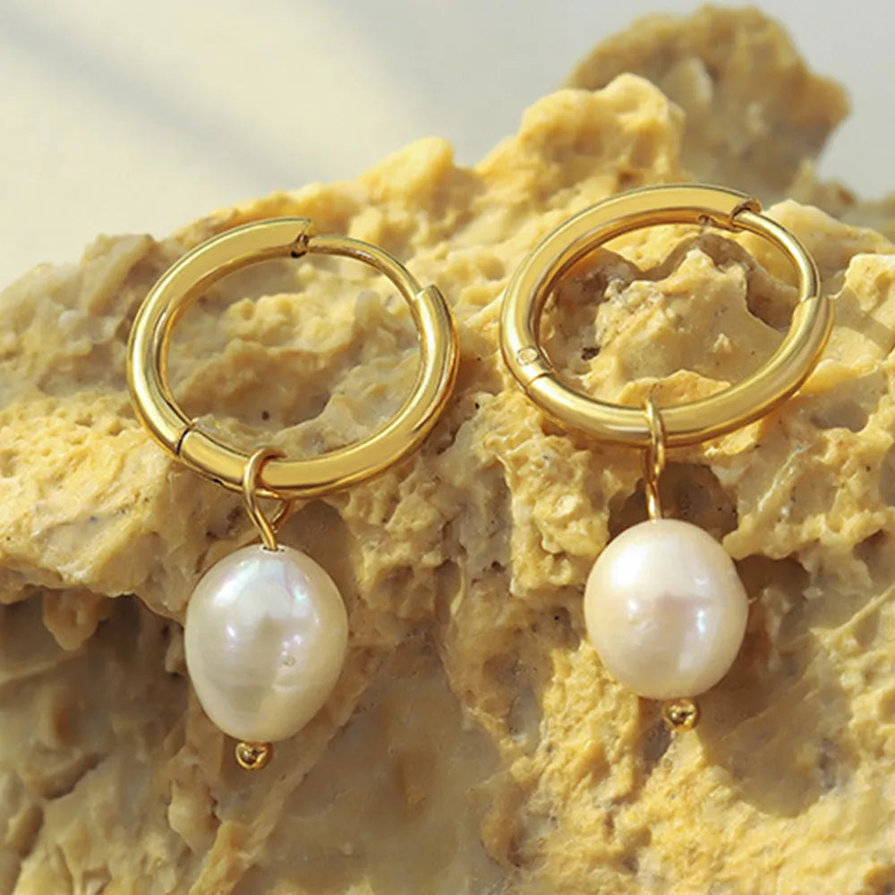 Retro earrings freshwater pearl ring earrings titanium steel 18K plated with real gold jewelry - Korvel