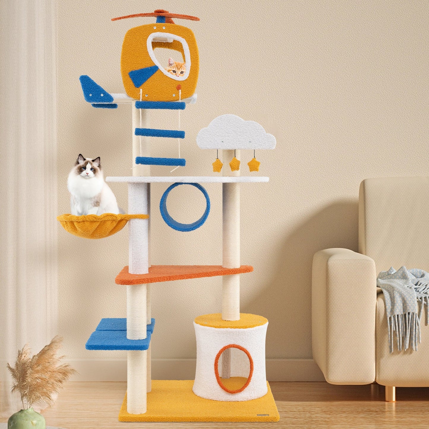 70 Inch Tall Aviation-Themed Cat Tree with Helicopter Perch
