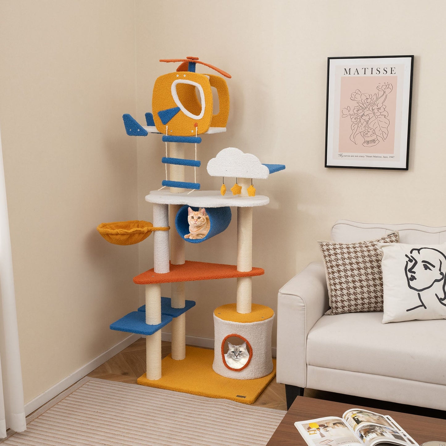 70 Inch Tall Aviation-Themed Cat Tree with Helicopter Perch