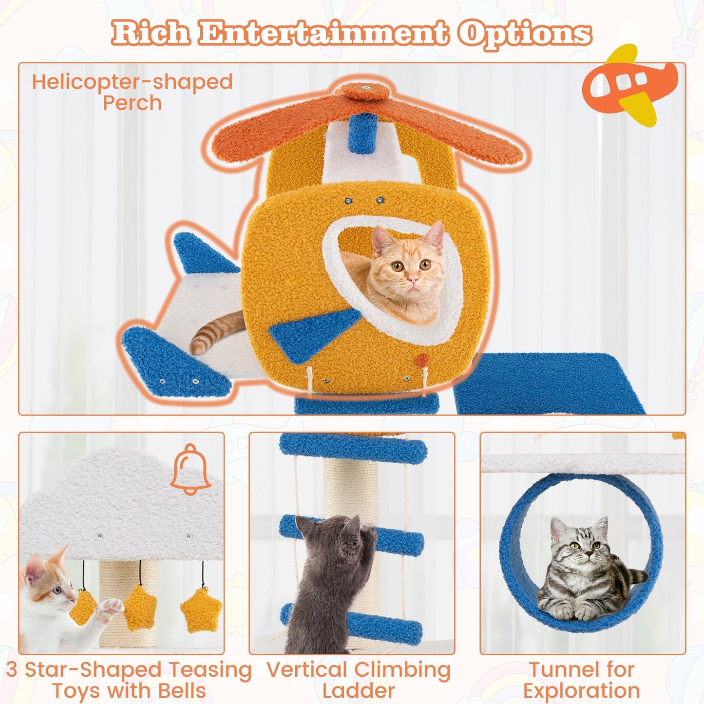 70 Inch Tall Aviation-Themed Cat Tree with Helicopter Perch