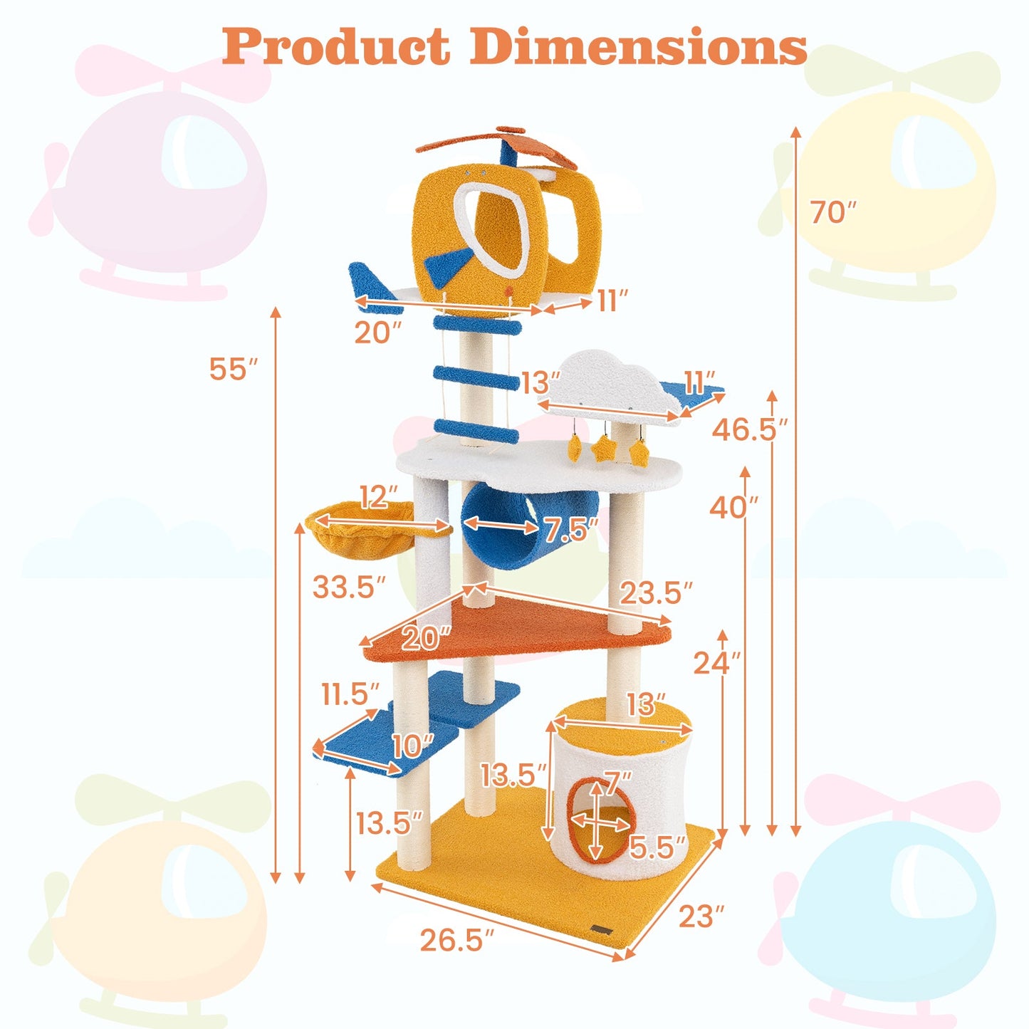 70 Inch Tall Aviation-Themed Cat Tree with Helicopter Perch