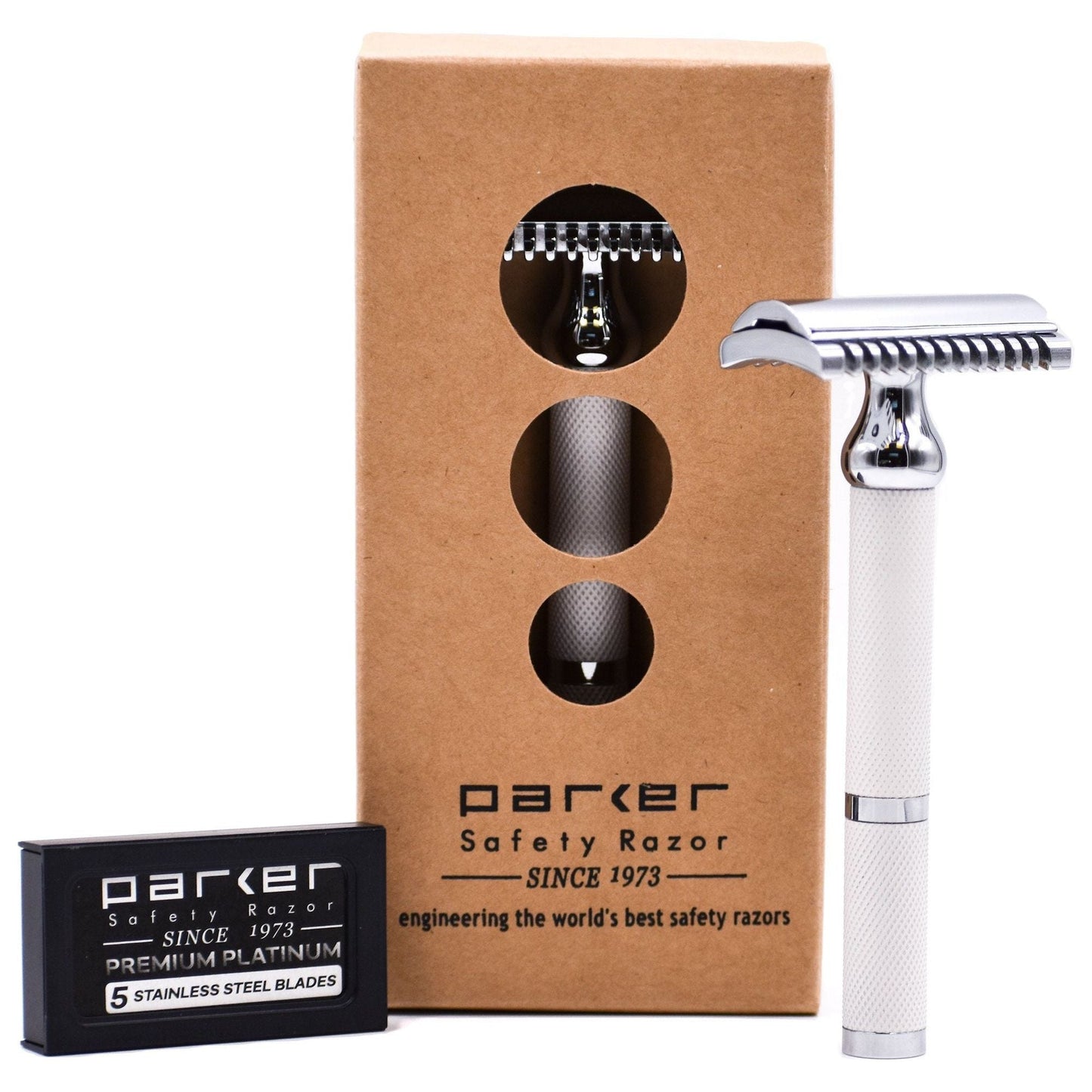 Rasoir de sécurité à peigne ouvert Parker 70C blanc et chrome