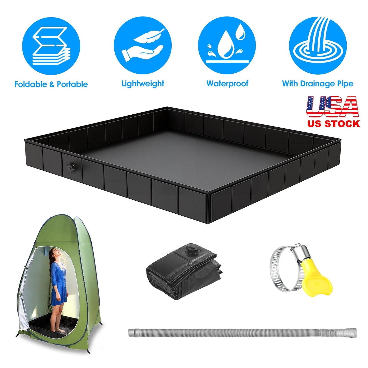 Portable Shower Pan - 41x41in Collapsible Basin for Outdoor Use