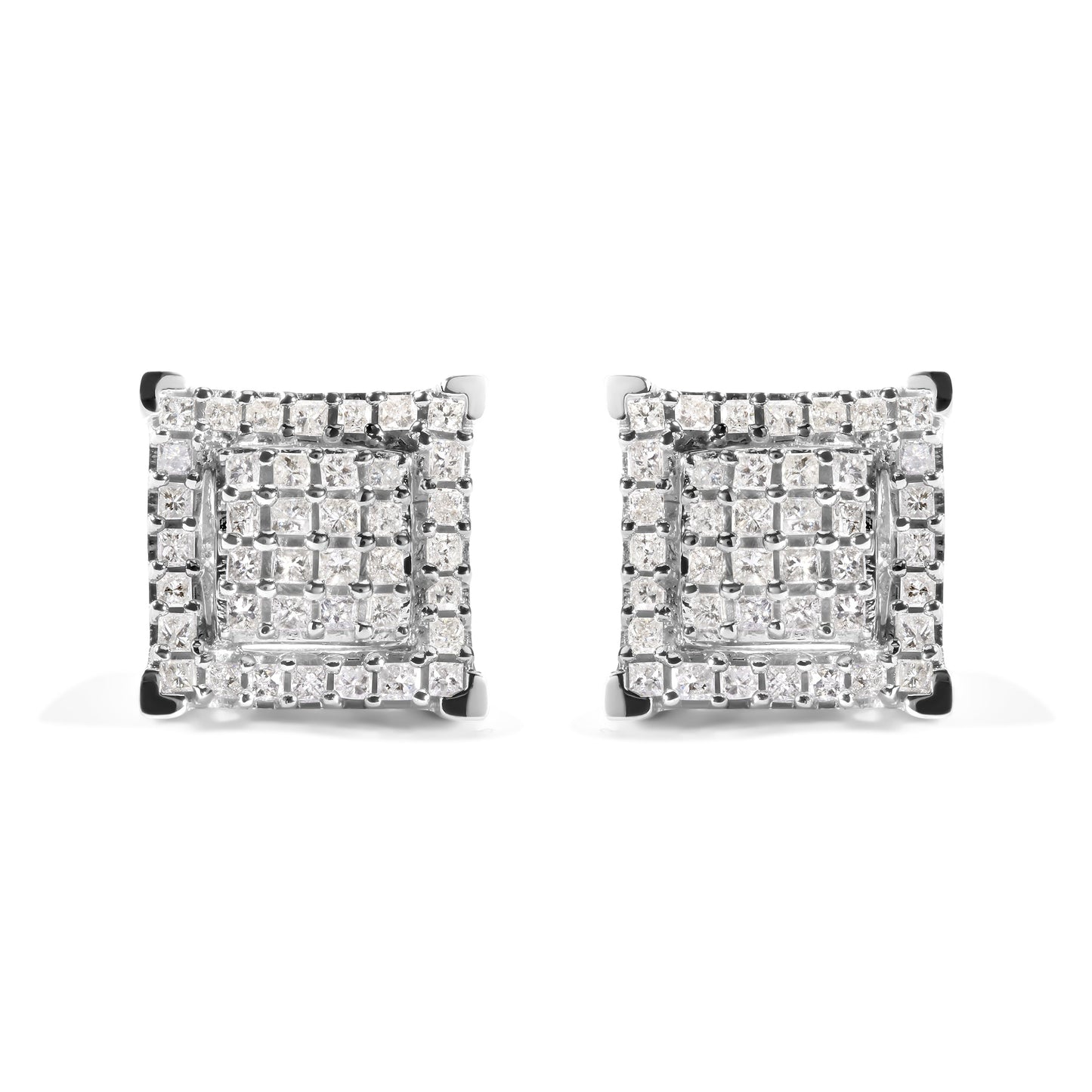 Pendientes de Aro Cuadrados Dobles de Diamante Compuesto en Oro Blanco de 10K