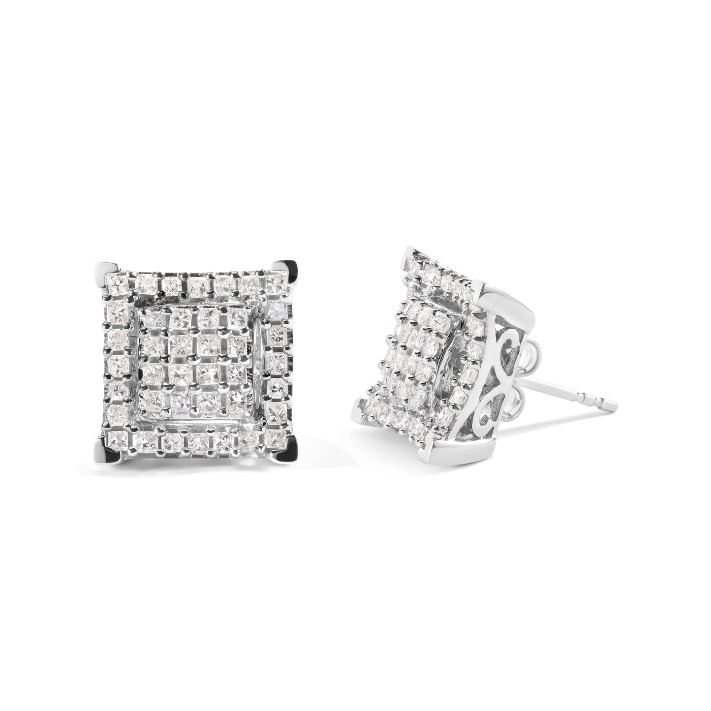 Pendientes de Aro Cuadrados Dobles de Diamante Compuesto en Oro Blanco de 10K