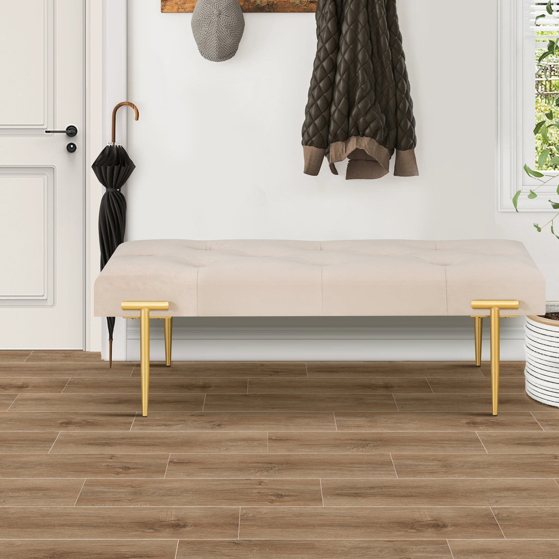 48'' Modern Ottoman Bench Velvet Bench Upholstered Footrest With Gold Metal Legs And Padded Seat For Bedroom Living Room - Korvel