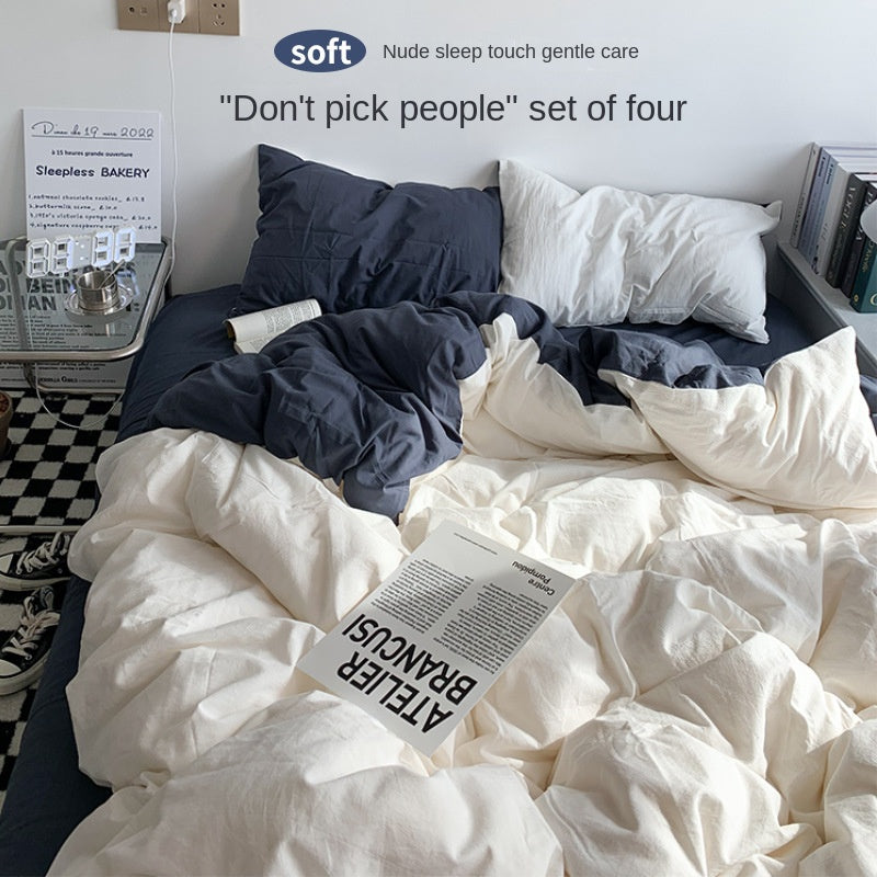 Solid Color Simple Four-Piece Set Flannel Quilt Cover INS Style Quilt Cover Dormitory Summer Washed Cotton Bedding Three-Piece Set - Korvel